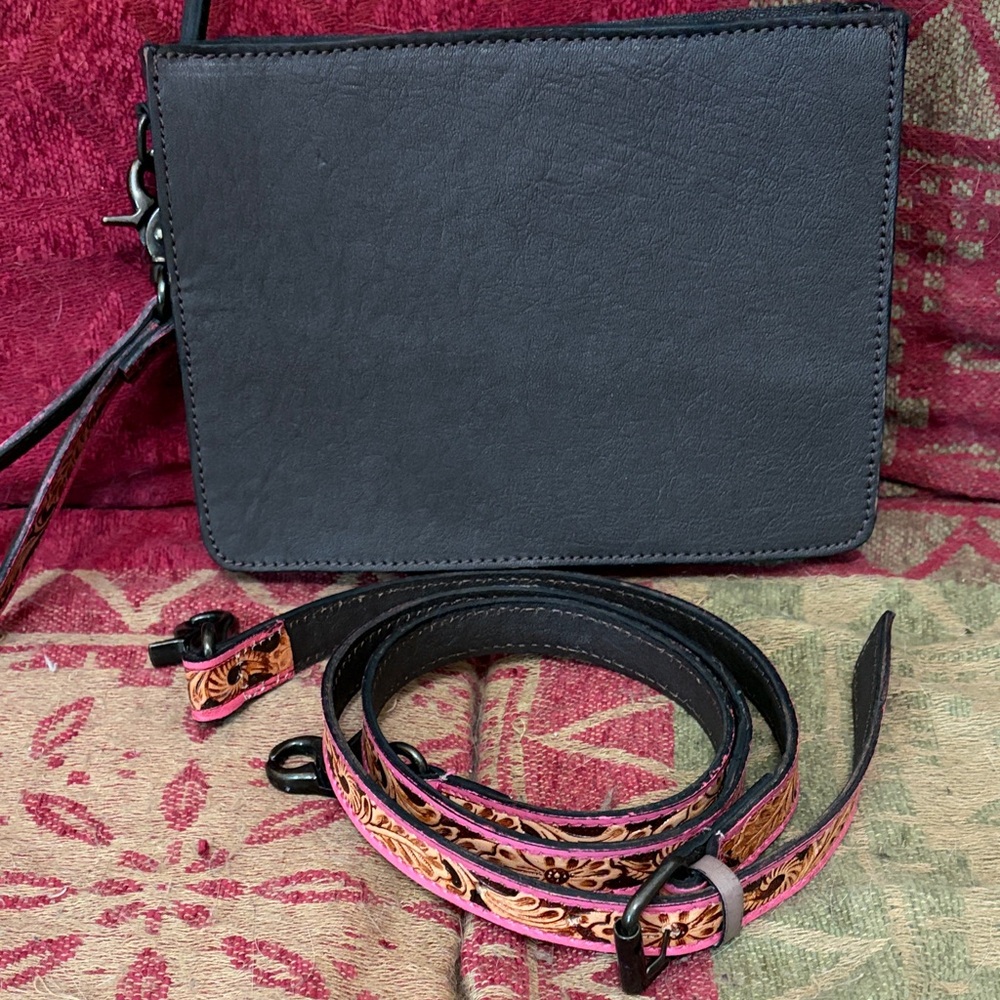 Tooled Leather Clutch with Hair-on-Hide Diamond Accent - Pink Trim - Picture 2 of 3
